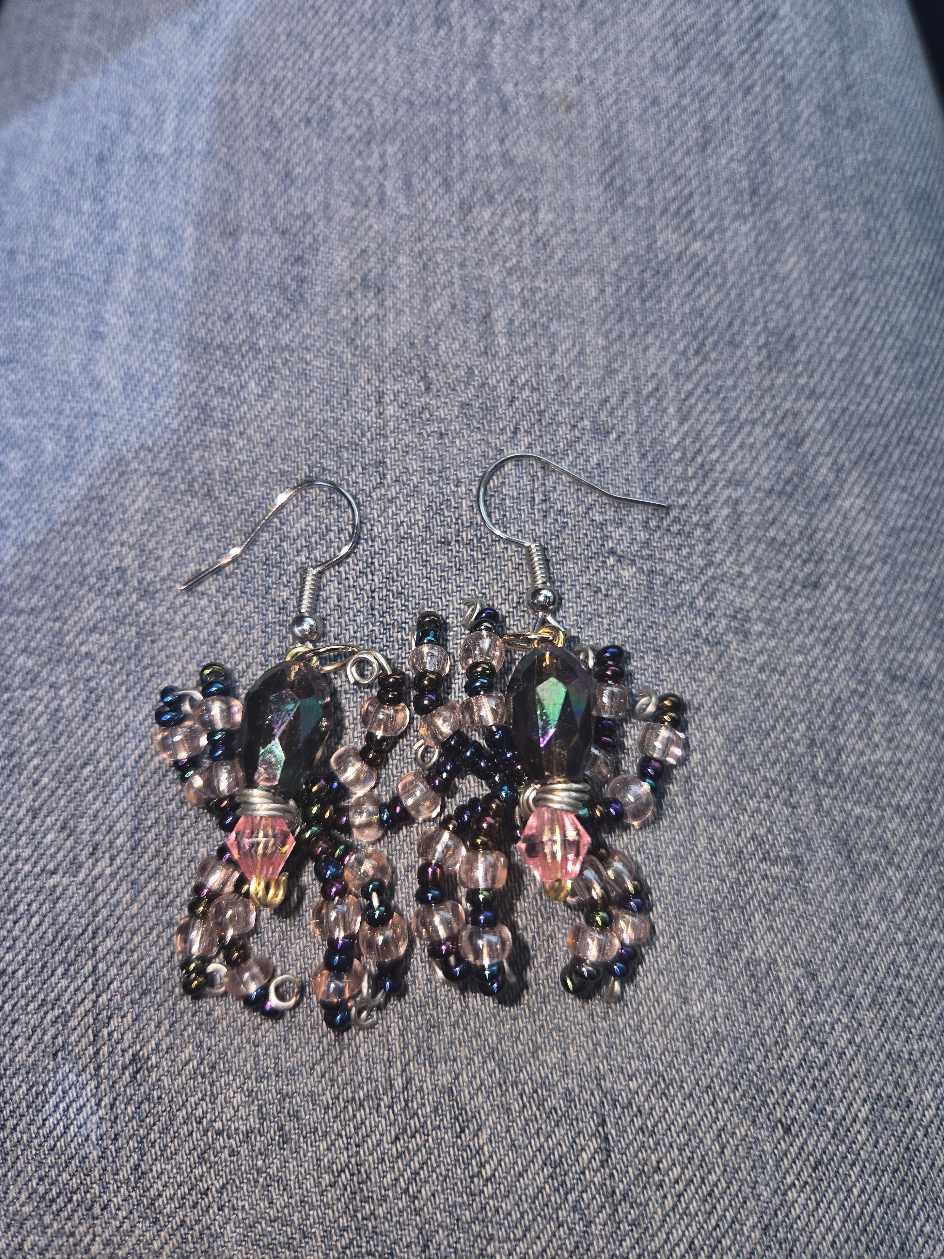 Peacock and pink spider earrings